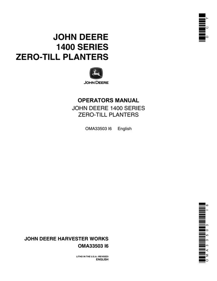 John Deere 1400 SERIES ZERO-TILL PLANTER Zero-till planter Operator manual OMA33503 — actual manual cover