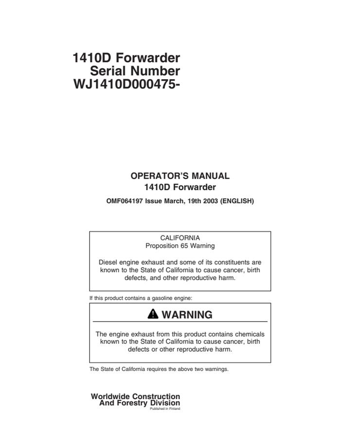 John Deere 1410D Forwarder Forwarder Operator manual OMF064197 — actual manual cover