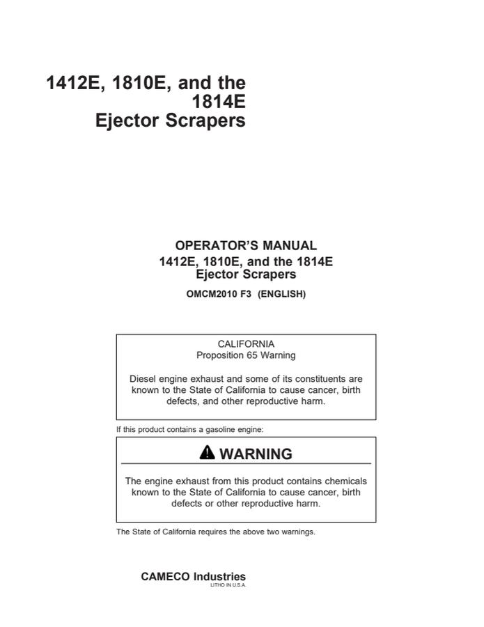 John Deere 1412E, 1810E, 1814E Ejector Scraper Ejector scraper Operator manual OMCM2010 — actual manual cover