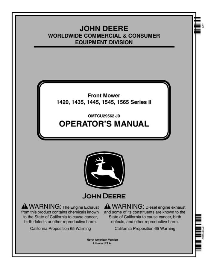 John Deere 1420, 1435, 1445, 1545, 1565 Series II Front Mower Front mower Operator manual OMTCU29562 — actual manual cover