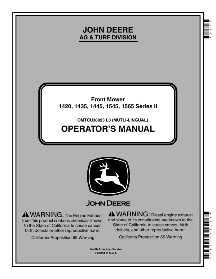 John Deere 1420, 1435, 1445, 1545, 1565 Series II Front Mower Front mower Operator manual OMTCU38023 — actual manual cover