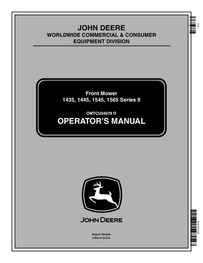 John Deere 1435, 1445, 1545, 1565 Series II Front Mower Front mower Operator manual OMTCU24078 — actual manual cover