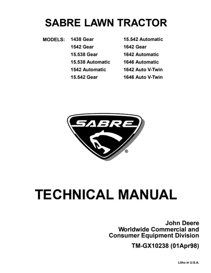 John Deere 1438 Gear, 1646 Auto V-Twin Lawn tractor Technical manual — actual manual cover