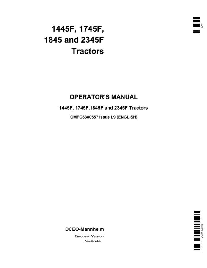 John Deere 1445F, 1745F, 1845F, 2345F Tractors Operator manual — actual manual cover