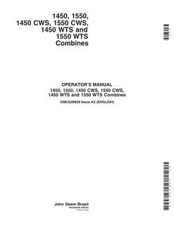 John Deere 1450, 1550, 1450 CWS, 1550 CWS, 1450 WTS, 1550 WTS Combine Combine Operator manual OMCQ39839 — actual manual cover