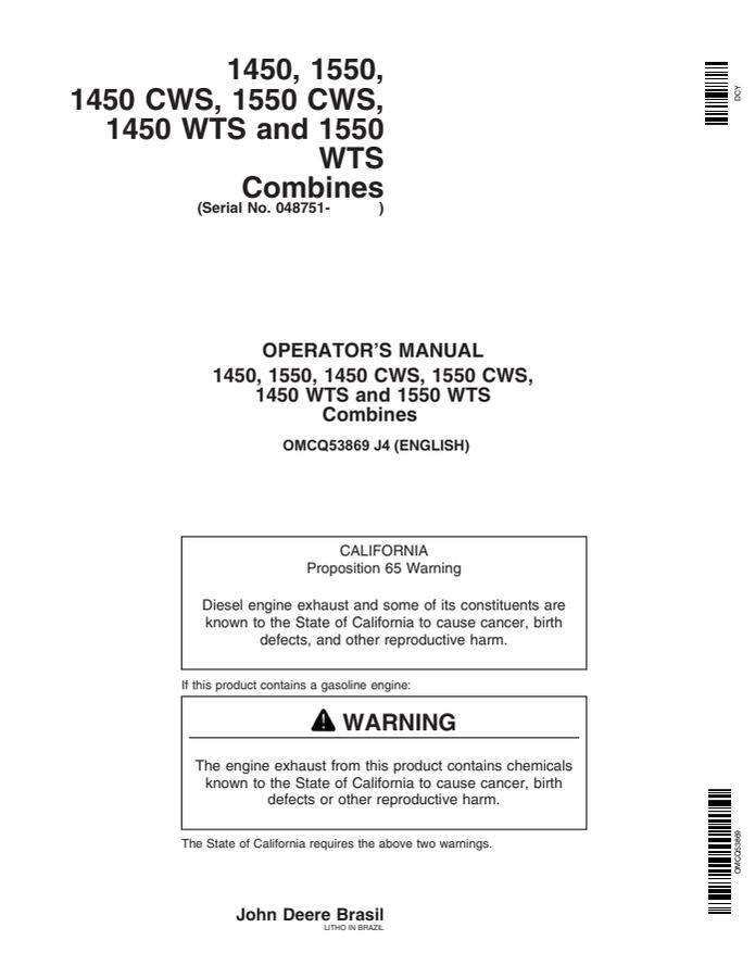 John Deere 1450, 1550, 1450 CWS, 1550 CWS, 1450 WTS, 1550 WTS Combine Combine Operator manual OMCQ53869 — actual manual cover