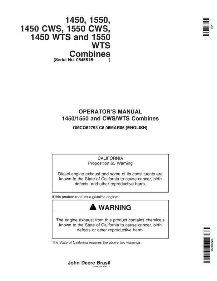 John Deere 1450, 1550, 1450 CWS, 1550 CWS, 1450 WTS, 1550 WTS Combine Combine Operator manual OMCQ62793 — actual manual cover