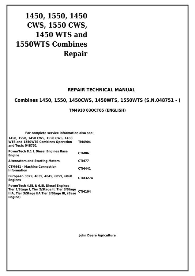 John Deere 1450, 1550, 1450 CWS, 1550 CWS, 1450 WTS, 1550 WTS Combine Repair technical manual — actual manual cover