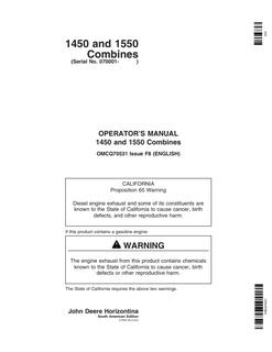 John Deere 1450, 1550 Combine Combine Operator manual OMCQ70531 — actual manual cover