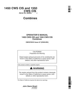 John Deere 1450 CWS Cis, 1550 CWS Cis Combine Combine Operator manual OMCQ70816 — actual manual cover