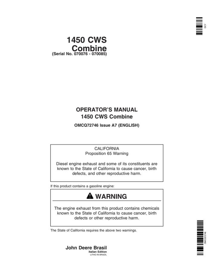 John Deere 1450 CWS Combine Combine Operator manual OMCQ72746 — actual manual cover