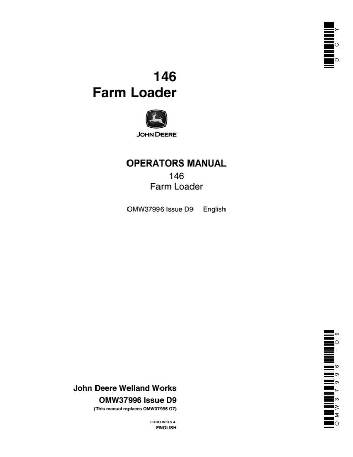 John Deere 146 Farm Loader Farm loader Operator manual OMW37996 — actual manual cover