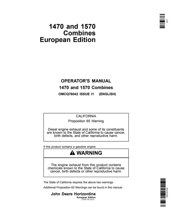 John Deere 1470, 1570 Combine Combine Operator manual OMCQ76042 — actual manual cover