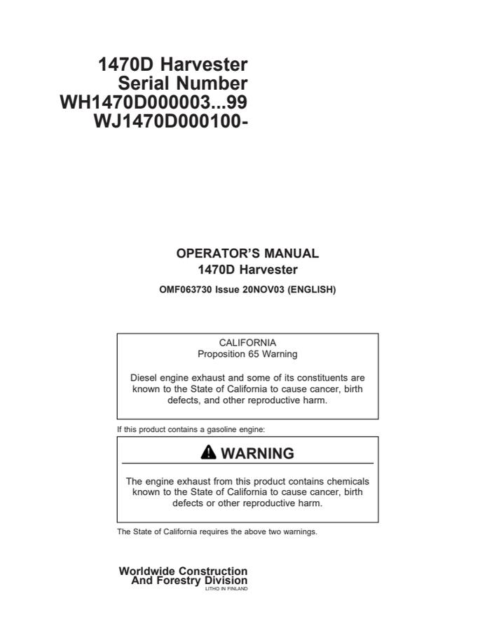 John Deere 1470D Harvester Harvester Operator manual OMF063730 — actual manual cover