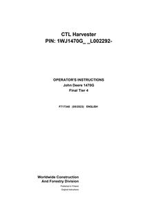 John Deere 1470G Final Tier 4 CTL Harvester Operator Instruction F717340 Harvester Operator manual F717340 — actual manual cover