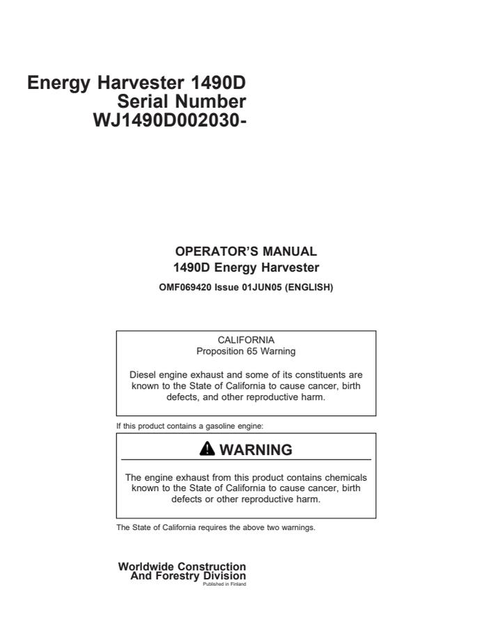 John Deere 1490D Energy Harvester Energy harvester Operator manual OMF069420 — actual manual cover