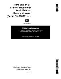 John Deere 14PT, 14ST 21-Inch Tricycler Walk-Behind Rotary Mowers Rotary mower Operator manual OMM118181 — actual manual cover