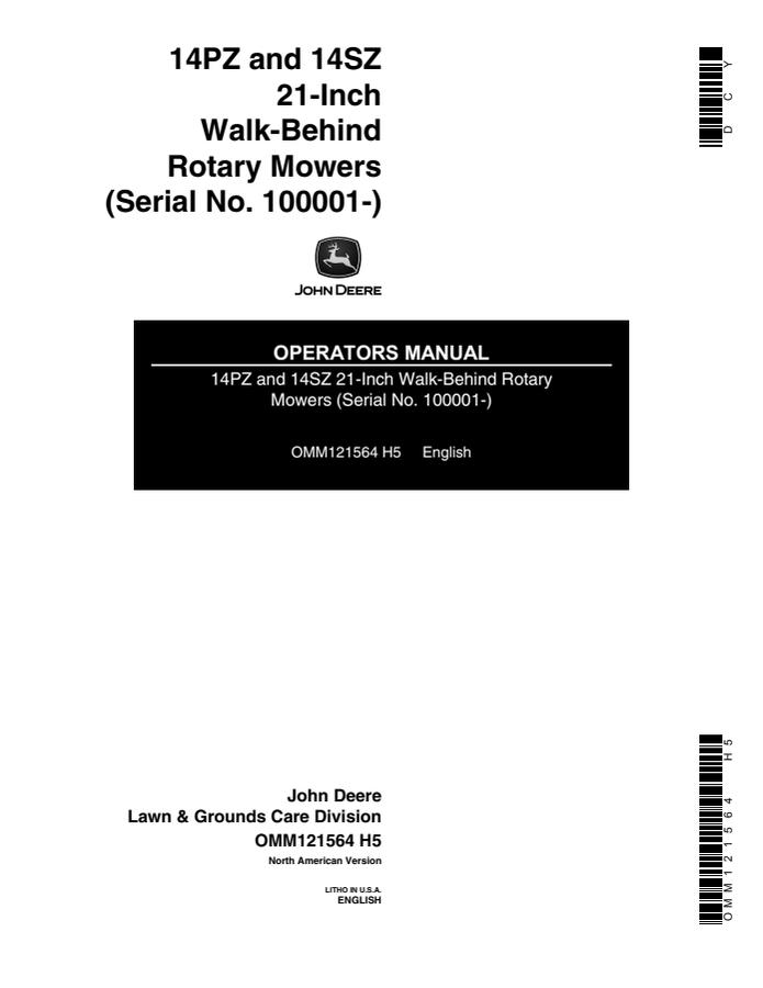 John Deere 14PZ, 14SZ 21-Inch Walk-Behind Rotary Mowers Rotary mower Operator manual OMM121564 — actual manual cover