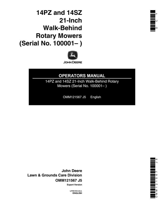 John Deere 14PZ, 14SZ 21-Inch Walk-Behind Rotary Mowers Rotary mower Operator manual OMM121567 — actual manual cover