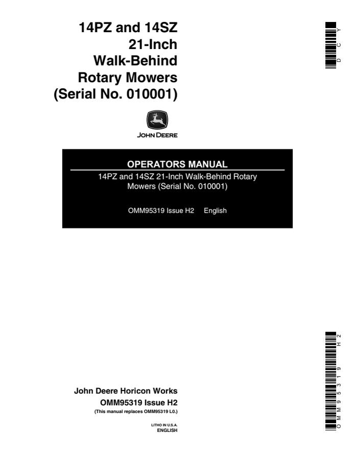 John Deere 14PZ and 14SZ 21-Inch Walk-Behind Rotary Mowers Rotary mower Operator manual OMM95319 — actual manual cover