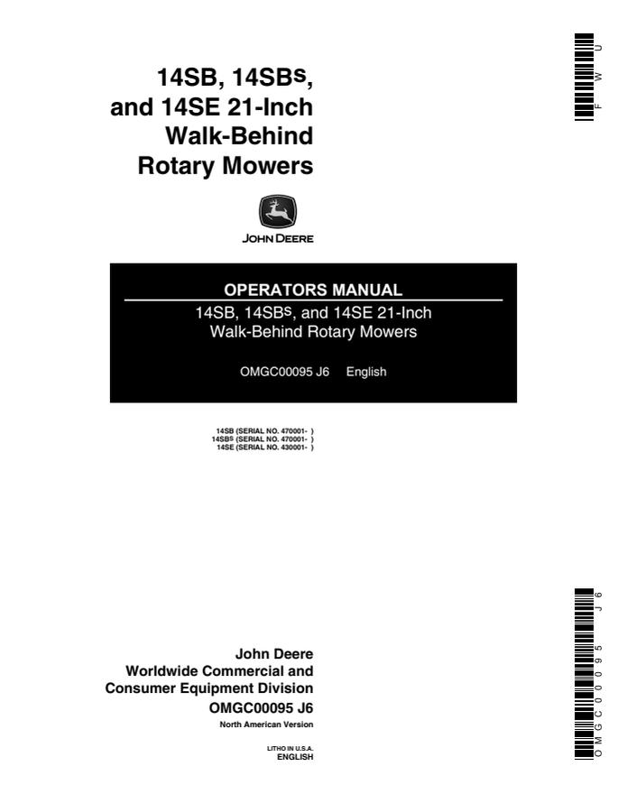 John Deere 14SB, 14SBS, 14SE 21-Inch Walk-Behind Rotary Mowers Rotary mower Operator manual OMGC00095 — actual manual cover
