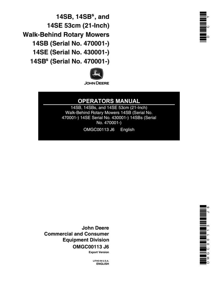 John Deere 14SB, 14SBS, 14SE 53cm Walk-Behind Rotary Mowers Rotary mower Operator manual OMGC00113 — actual manual cover