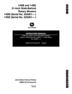 John Deere 14SB, 14SE 21-Inch Walk-Behind Rotary Mowers Rotary mower Operator manual OMM118170 — actual manual cover