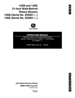 John Deere 14SB, 14SE 21-Inch Walk-Behind Rotary Mowers Rotary mower Operator manual OMM118287 — actual manual cover