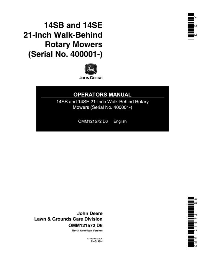 John Deere 14SB, 14SE 21-Inch Walk-Behind Rotary Mowers Rotary mower Operator manual OMM121572 — actual manual cover