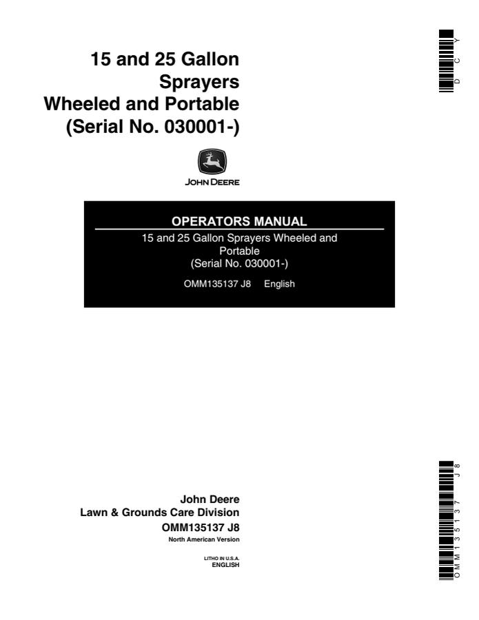 John Deere 15, 25 Gallon Sprayers Wheeled, Portable Sprayer Operator manual OMM135137 — actual manual cover