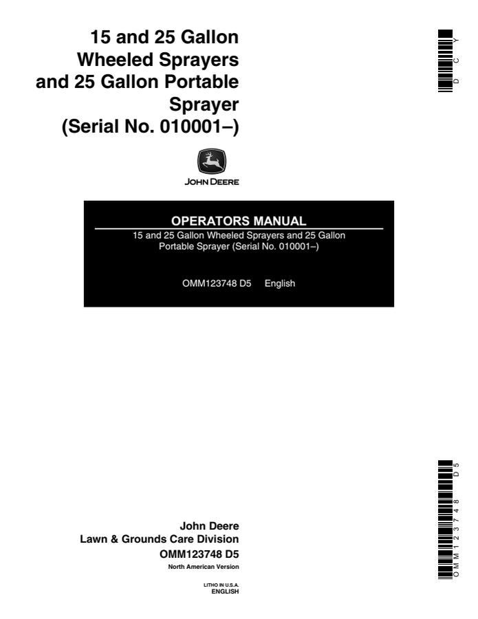 John Deere 15, 25 Gallon Wheeled Sprayer, 25 Gallon Portable Sprayer Sprayer Operator manual OMM123748 — actual manual cover