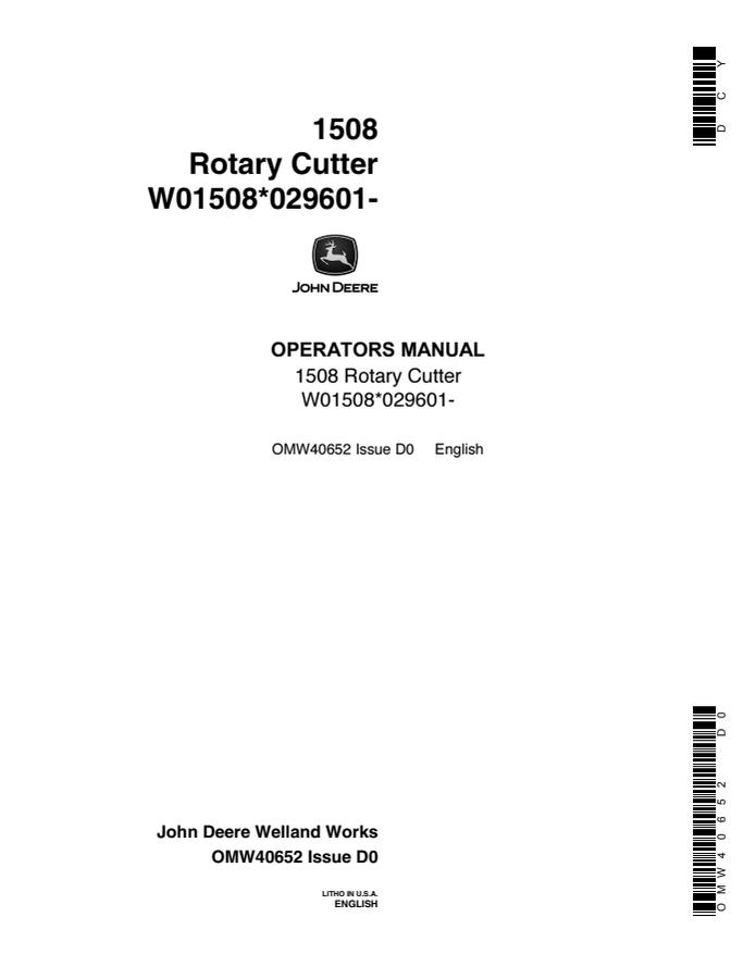 John Deere 1508 Rotary Cutter Rotary cutter Operator manual OMW40652 — actual manual cover