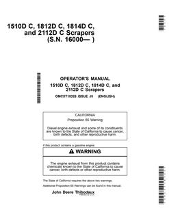 John Deere 1510D C, 1812D C, 1814D C, 2112D C Scraper Scraper Operator manual OMCXT18325 — actual manual cover