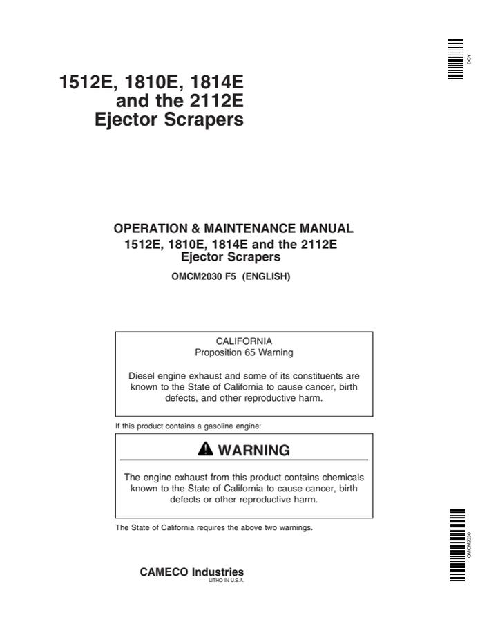 John Deere 1512E, 1810E, 1814E, 2112E Ejector Scraper Ejector scraper Operator manual OMCM2030 — actual manual cover