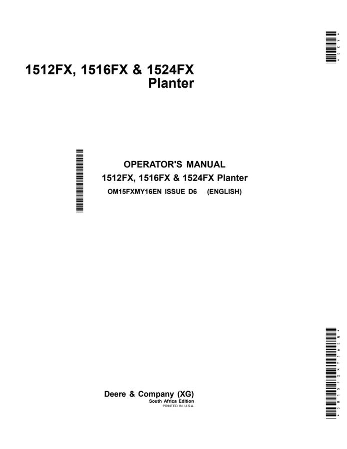 John Deere 1512FX, 1516FX, 1524FX Planter Planter Operator manual OM15FXMY16 — actual manual cover