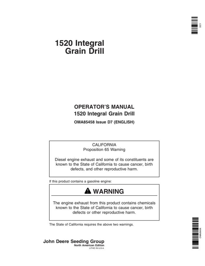 John Deere 1520 Integral Grain Drill Grain drill Operator manual OMA85458 — actual manual cover