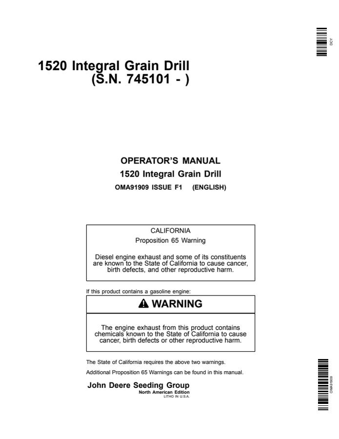 John Deere 1520 Integral Grain Drill Grain drill Operator manual OMA91909 — actual manual cover