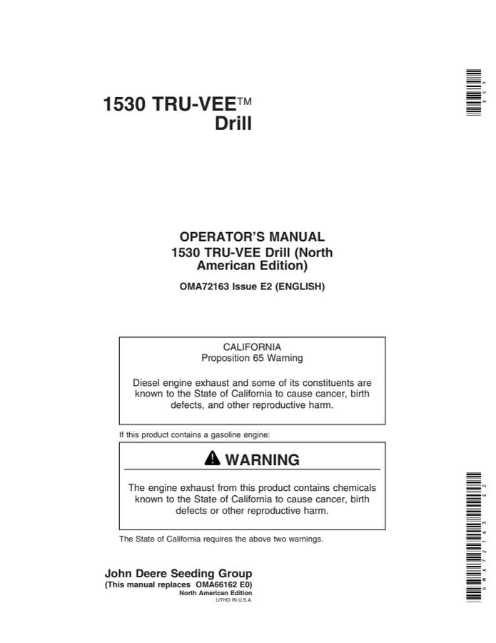 John Deere 1530 TRU-VEE Drill TRU-VEE drill Operator manual OMA72163 — actual manual cover