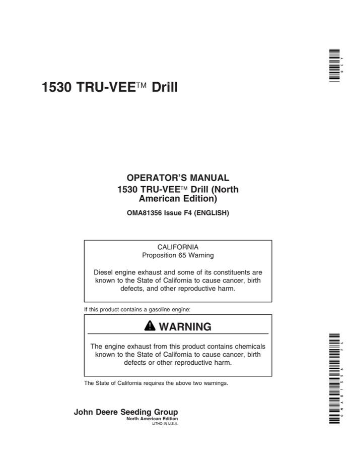 John Deere 1530 TRU-VEE Drill TRU-VEE drill Operator manual OMA81356 — actual manual cover