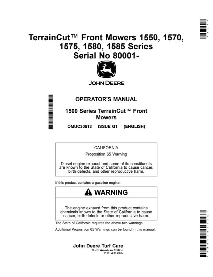 John Deere 1550, 1570, 1575, 1580, 1585 Series TerrainCut Front Mowers Front mower Operator manual OMUC30513 — actual manual cover