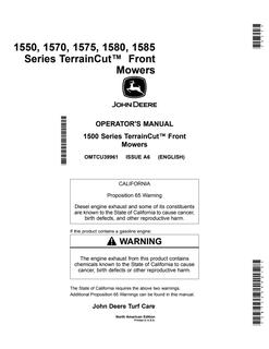 John Deere 1550, 1570, 1575, 1580, 1585 Series TerrainCut Front Mowers TerrainCut front mower Operator manual OMTCU39961 — actual manual cover