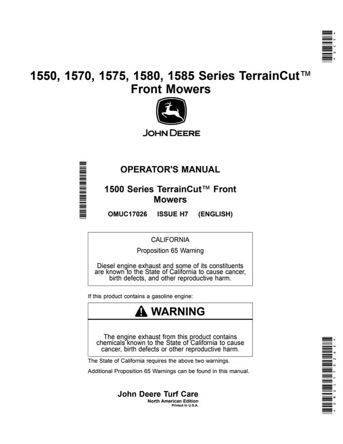 John Deere 1550, 1570, 1575, 1580, 1585 Series TerrainCut Front Mowers TerrainCut front mower Operator manual OMUC17026 — actual manual cover