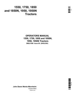 John Deere 1550, 1750, 1850, 1850N, 1950, 1950N Tractors Tractor Operator manual OML61586 — actual manual cover