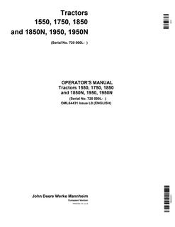John Deere 1550, 1750, 1850, 1850N, 1950, 1950N Tractors Tractor Operator manual OML64431 — actual manual cover