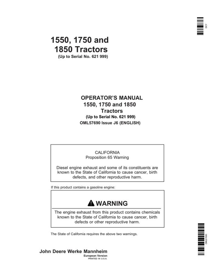 John Deere 1550, 1750, 1850 Tractors Tractor Operator manual OML57690 — actual manual cover
