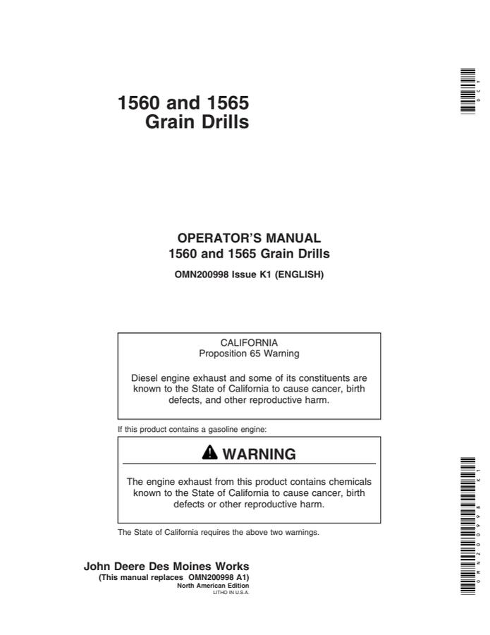 John Deere 1560, 1565 Grain Drill Grain drill Operator manual OMN200998 — actual manual cover