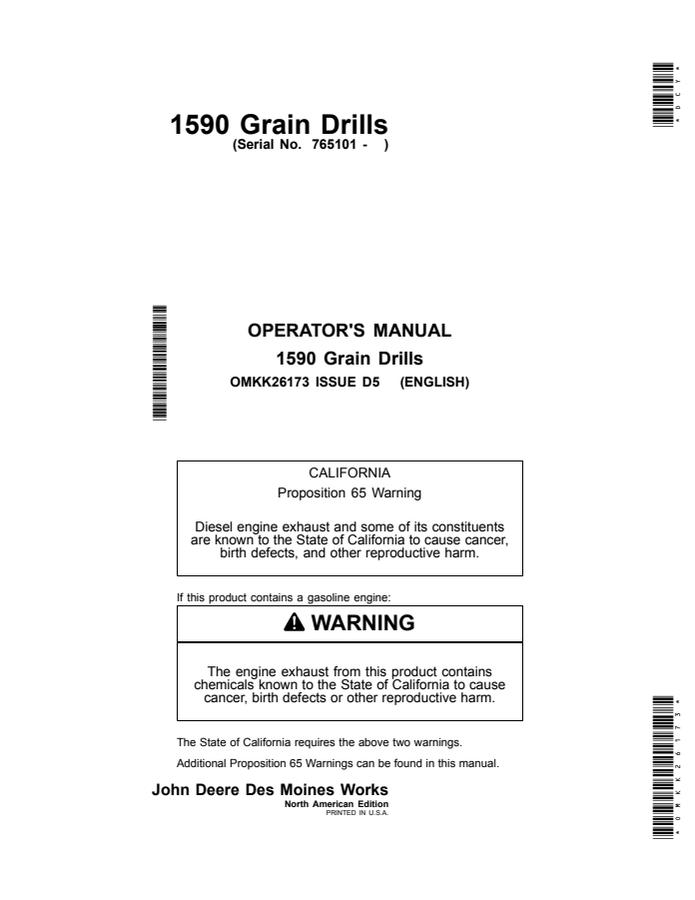 John Deere 1590 Grain Drill Grain drill Operator manual OMKK26173 — actual manual cover