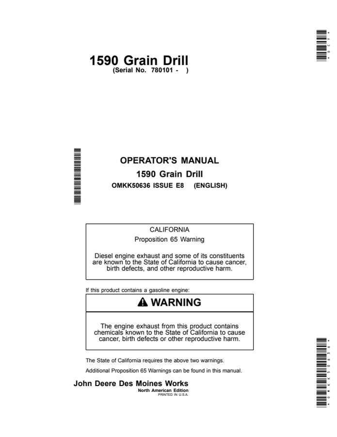 John Deere 1590 Grain Drill Grain drill Operator manual OMKK50636 — actual manual cover
