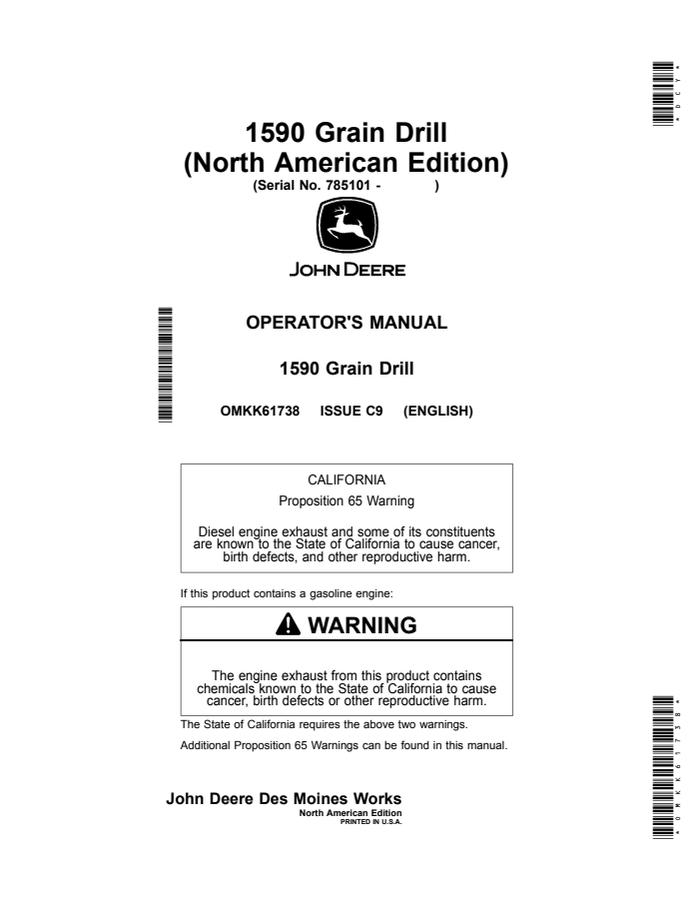 John Deere 1590 Grain Drill Grain drill Operator manual OMKK61738 — actual manual cover