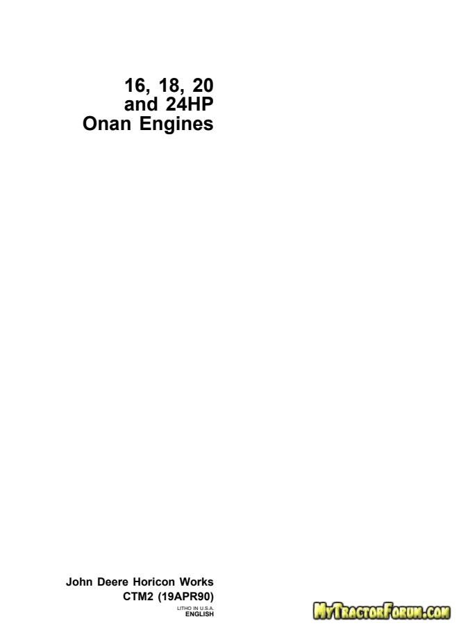 John Deere 16, 18, 20 and 24 HP Onan Engines Component Technical Manual — actual manual cover